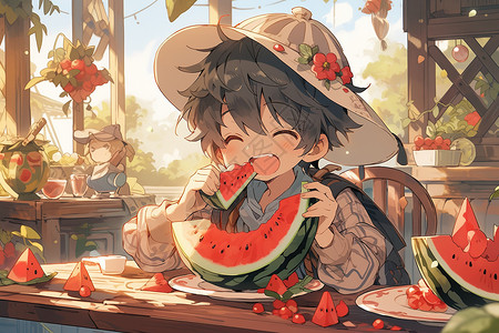 夏日可爱小男孩子开心吃西瓜图片