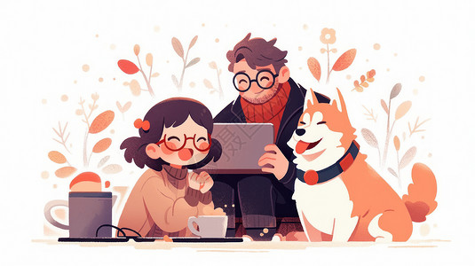 坐在地上的男人抱着狗坐在地上电脑办公的卡通男士插画