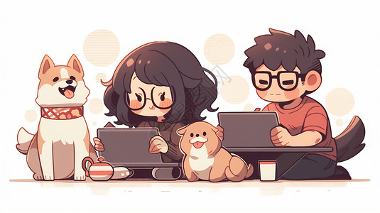 狗表情包动图在电脑桌前办公的卡通男孩女孩和宠物狗插画