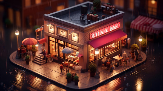 雨中街道拐角处亮着灯温馨立体卡通咖啡店背景图片
