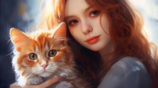 可爱的橘猫跟少女背景图片