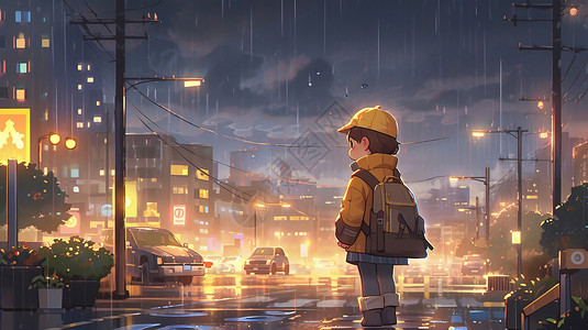 雨中背影戴着帽子在城市街景雨中可爱的卡通人物插画