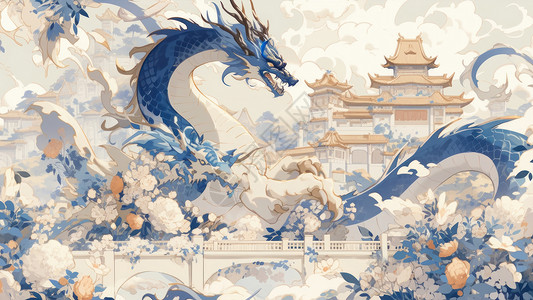 龙年蓝色精美中国风卡通中国风霸气的青龙飞舞在古建筑与花丛中插画