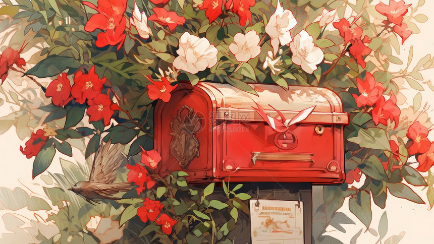 在花丛中的红色卡通邮筒图片