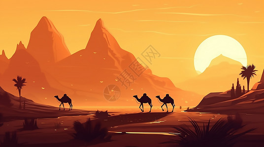 夕阳下的骆驼队背景图片