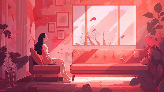 一个女人在坐着在家里坐着休息的女孩插画