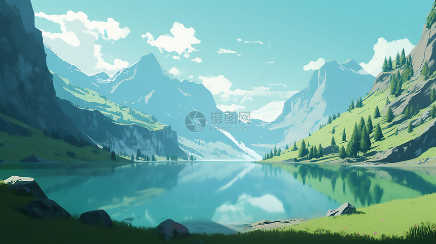 小清新蓝天下的山谷湖泊图片
