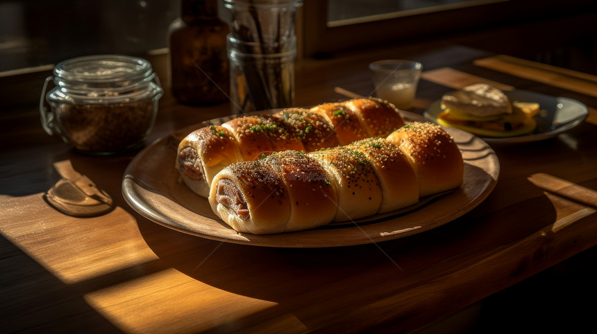 阳光照射下的盘子中美味的面包肉卷图片