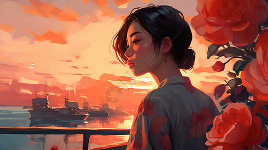 阳台美景夕阳里看美景的女生插画