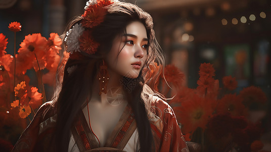 亚洲女生头戴花朵的古代美女插画