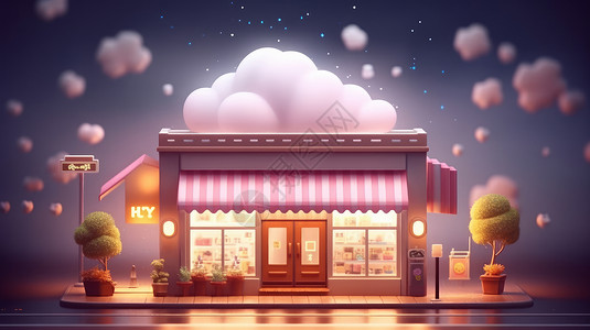 梦幻粉色可爱云朵的立体卡通商店背景图片
