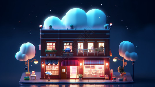 蓝色云立体插图顶着蓝色云朵的可爱卡通立体商店插画