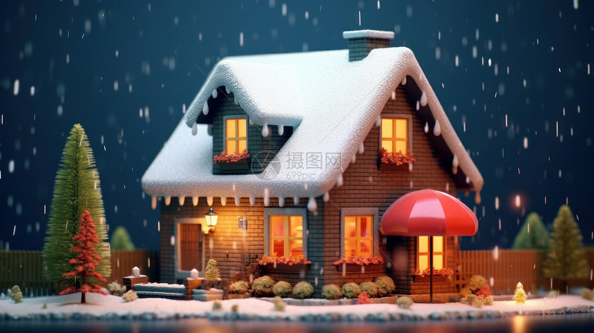 雪中温馨可爱的立体卡通小房子图片