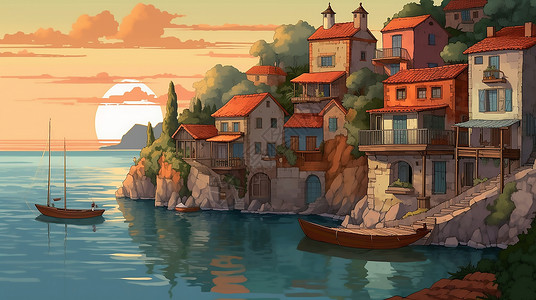 海岸建筑海上的小城镇插画