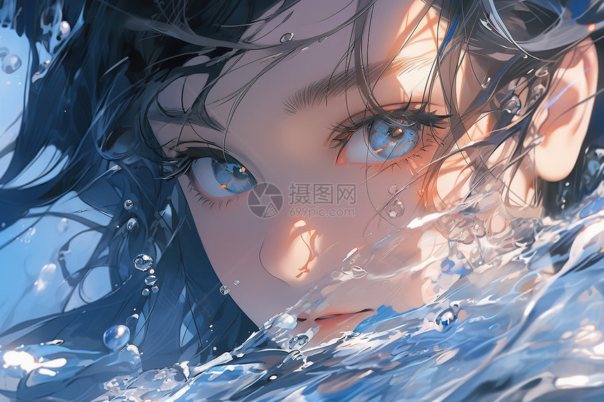 女孩在蓝色水中划水的肖像图片