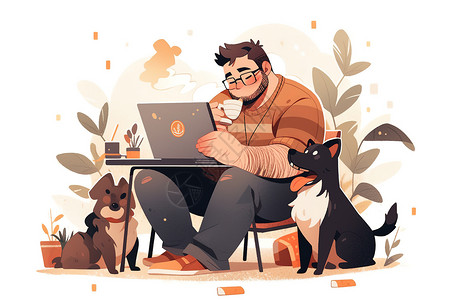 专心工作男人和他的宠物狗背景图片