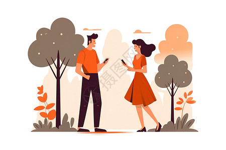 公园里男人用手机接近年轻女子平面插图背景图片
