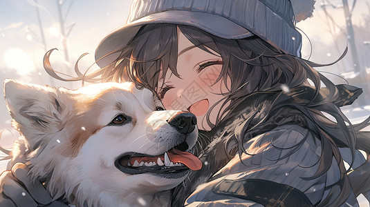 狗拥抱戴着有帽檐帽子的甜美女孩跟狗插画