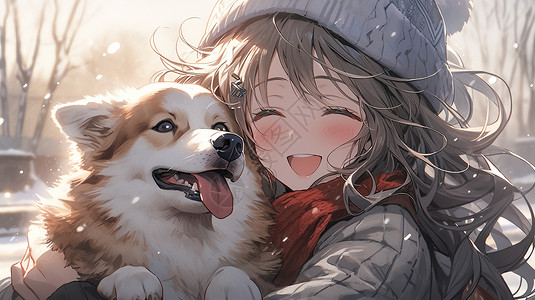冬日暖阳下抱着小狗的可爱女孩背景图片