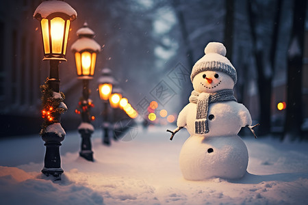 冬至装饰素材街上装饰的圣诞树美丽的雪人插画