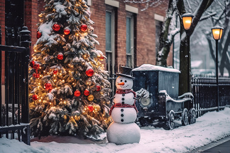 冬至装饰素材街上装饰的圣诞树美丽的雪人插画