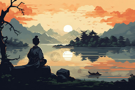 坐在河流边中国水墨风格高清图片