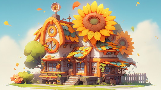满是向日葵花朵的可爱的童话卡通小房子背景图片