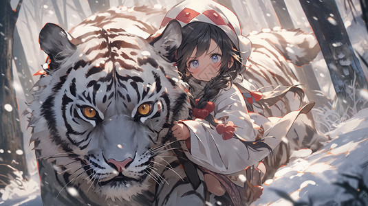 冬天一个可爱的卡通女孩依偎在凶猛大老虎旁高清图片