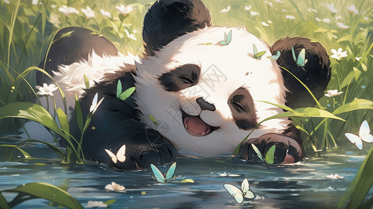嬉戏的蝴蝶可爱的卡通大熊猫在河边嬉戏蝴蝶围绕在旁插画