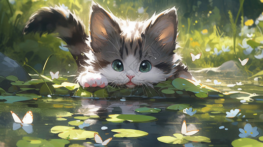 可爱的卡通小猫趴在河边看蝴蝶背景图片