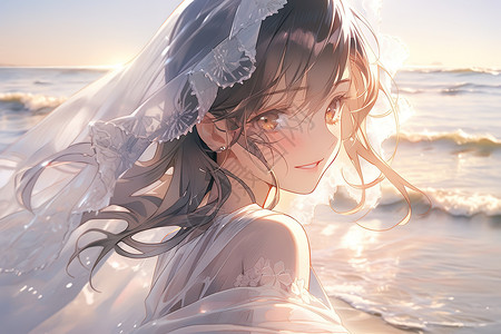 海边戴着头纱的唯美新娘插画