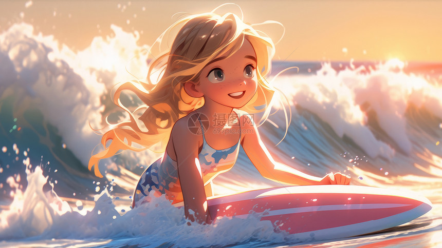 在大海浪花中冲浪的金发卡通女孩图片