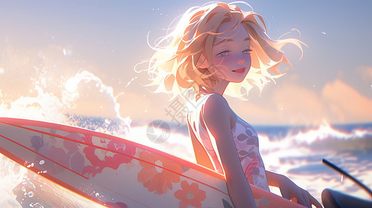 拿着冲浪板在海边的短发卡通女孩背景图片
