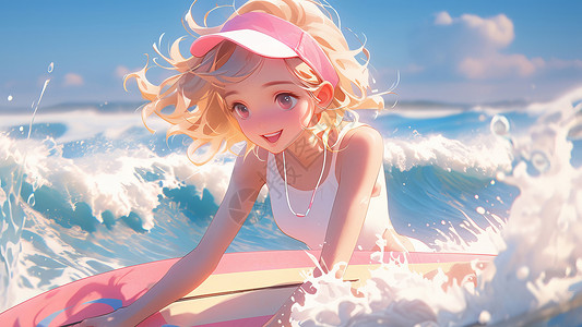 在大海中戴着遮阳帽冲浪的卡通女孩背景图片