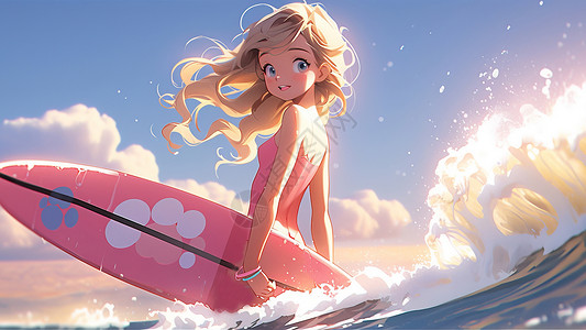 拿着粉色冲浪板站在大海中的长发卡通女孩背景图片