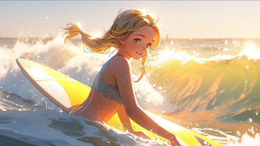 在大海上冲浪的金发卡通女孩背景图片
