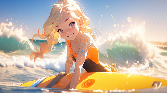 在大海风浪中冲浪开心笑的卡通女孩背景图片
