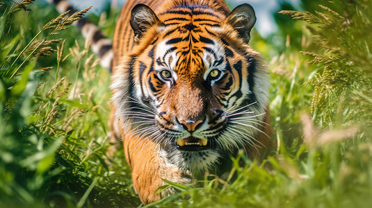 老虎蹲在草丛里图片