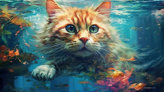 鱼在水里可爱的小橘猫在水里游泳插画