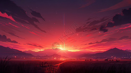 夕阳光唯美傍晚卡通风景太阳落山前的城市插画