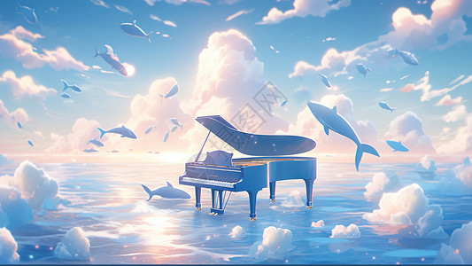 在大海中钢琴与跳跃起来的鱼唯美卡通风景图片