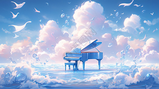 在大海中浪漫唯美的卡通钢琴与粉色云朵图片