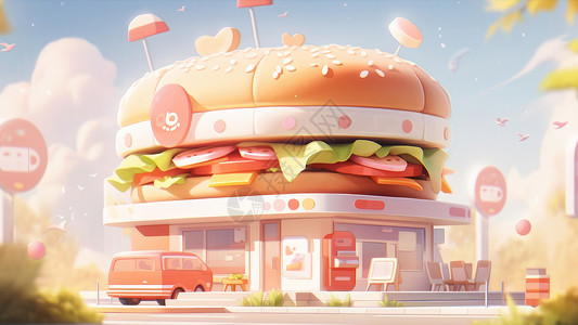可爱的超大汉堡主题卡通快餐商店背景图片