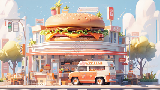 房与车房顶上有超大汉堡房前有快餐车可爱的卡通快餐店插画