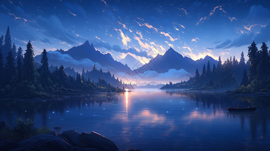 树全景梦幻夜晚幽静的湖面上一艘小船与远处的高山插画