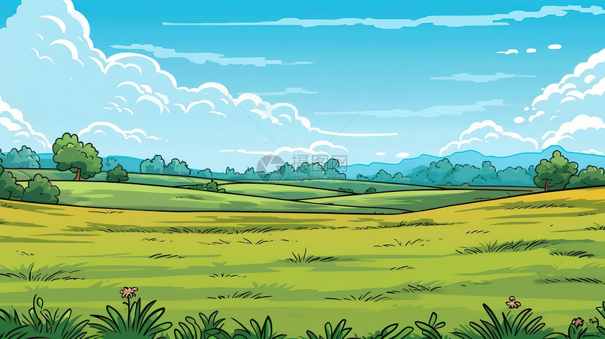 空旷开阔田野的蓝天草地场景图片