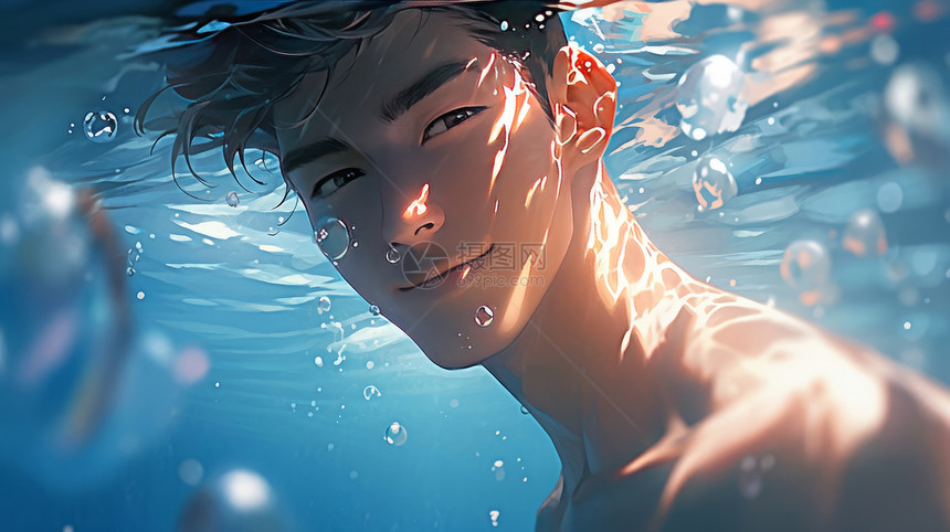 水下微笑帅气的卡通男青年图片