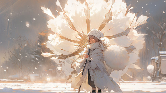 寒露雪花扛着超大蒲公英的卡通女孩站在雪中插画