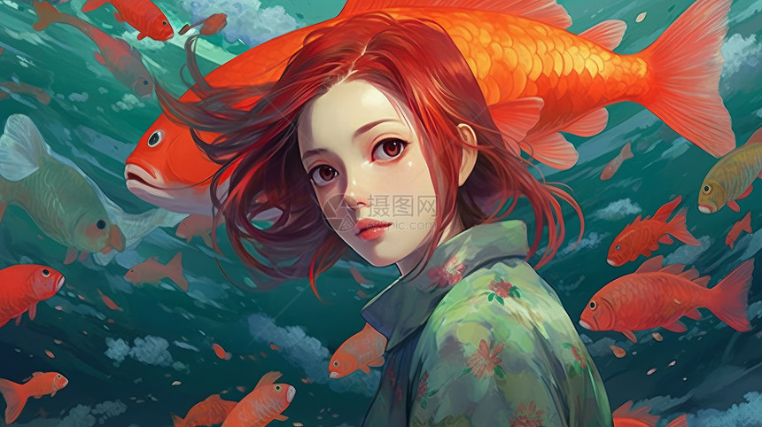 红色头发的卡通女孩与大鲤鱼图片
