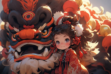 中国风小女孩与舞狮插画图片